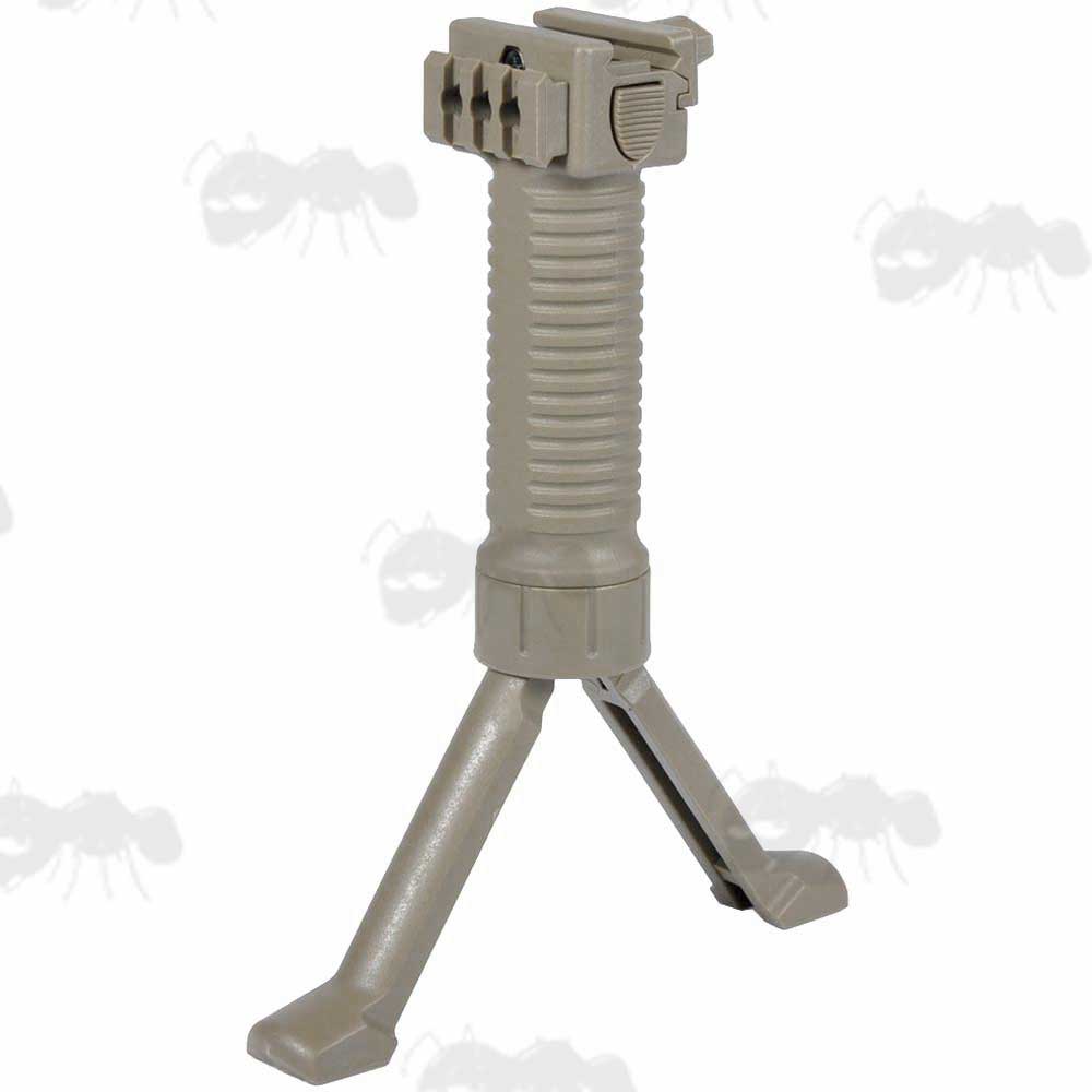 Tan Airsoft Vertical Grip Bipod with Side Accessory Rail and Telescopic Legs