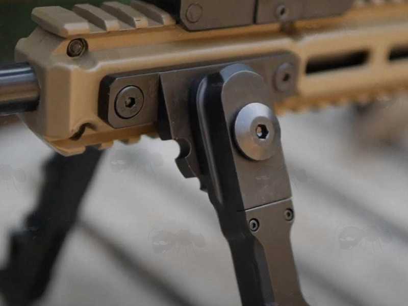 Two Piece Design Rifle Bipod Shown Fitted to a Tan Coloured M-Lok Handguards