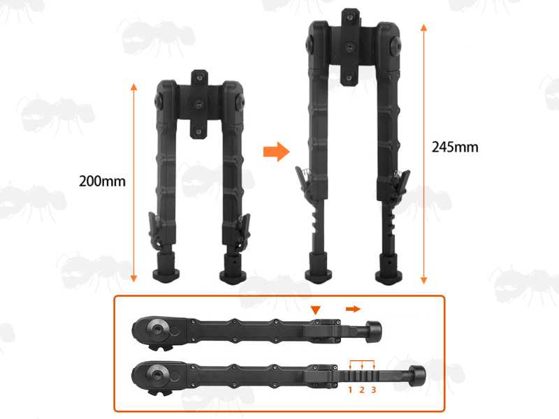 Minimum and Maximum Height Views of The One Piece ALl Design Metal Rifle Bipod for M-Lok Slotted Handguards, with Quick-Release Lever Retractable Legs