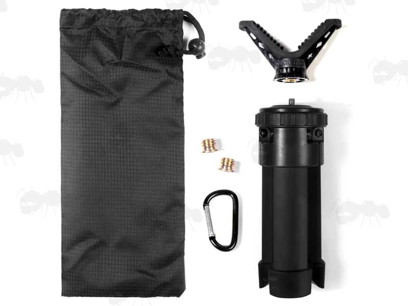 Dismantled View with Storage Pouch of The Compact Black Metal Tripod Benchrest Shooting Quick Stick with Removable V Notch Rest