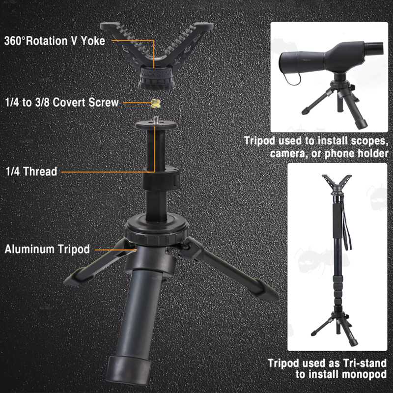 Compatibility Guide for The Compact Black Metal Extendable Height Tripod Benchrest Shooting Quick Stick with Removable V Notch Rest, Shown Setup at Three Heights