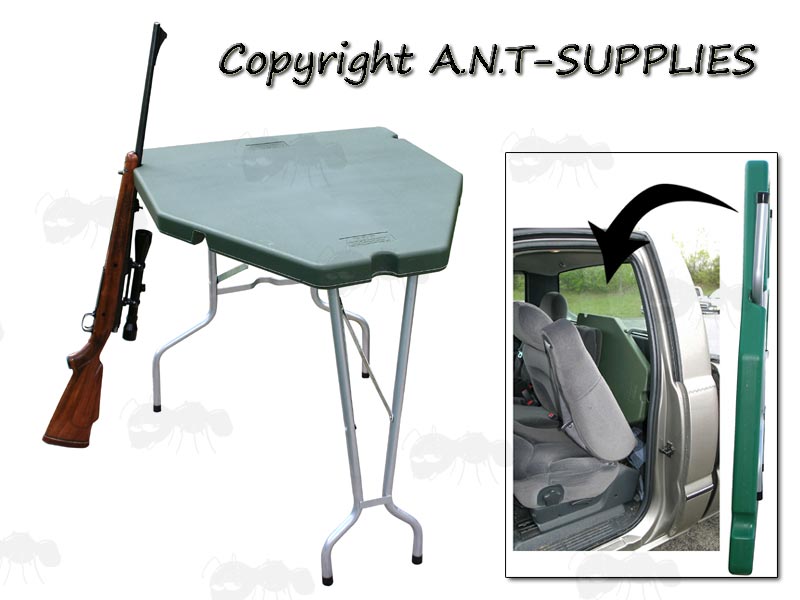 MTM Case-Gard Predator Green Plastic Folding Shooting Table Shown With Rifle and Shown Folded In Vehicle