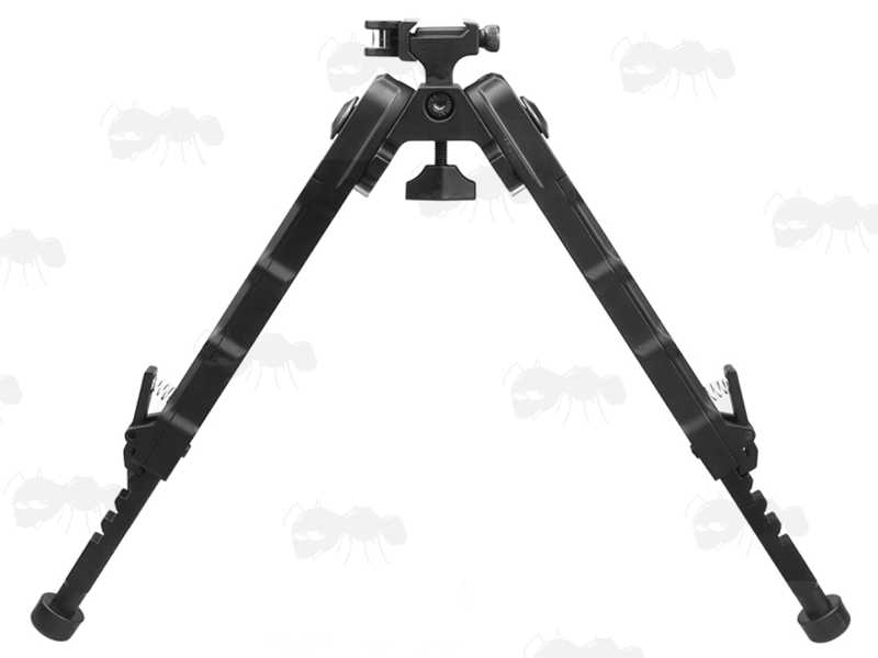 Upright View of The Picatinny Rail Fitting Rifle Bipod with Quick Attach / Detach Tilting Head, and Legs Fully Extended