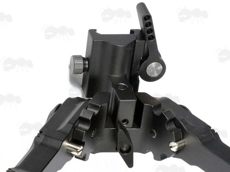 Close Up View of The Picatinny Rail Fitting Rifle Bipod with Quick Attach / Detach Tilting Head