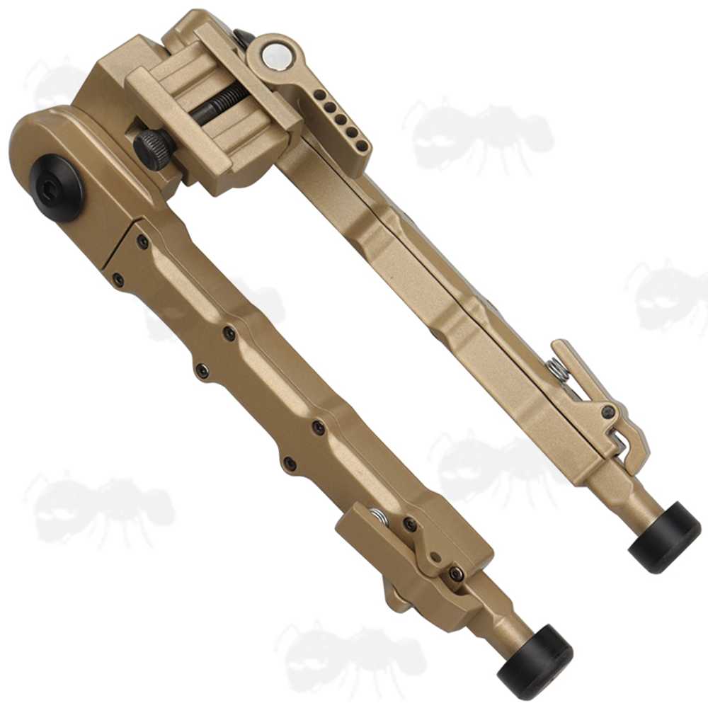 Legs Folded Up View of The Picatinny Rail Fitting Rifle Bipod with Quick Attach / Detach Tilting Head, in Tan Coloured Finish