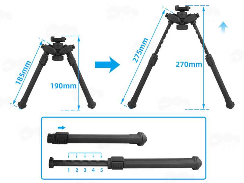 Polymer and Aluminium Design Rifle Bipod for Picatinny Handguards with Tilt Feature and 360 Degree Rotation, Shown with Leg Extensions
