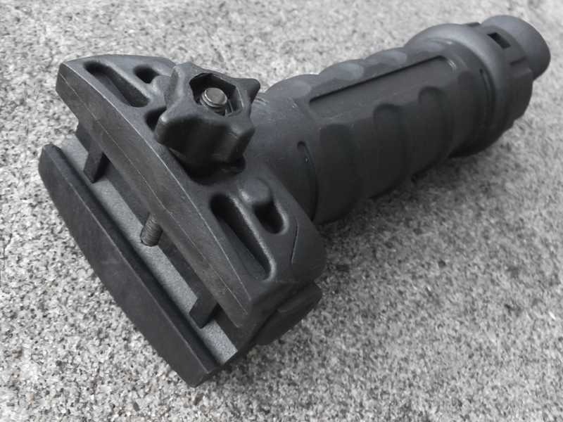Rail Fitting Head View on The Black Vertical Grip Tilting Bipod with Telescopic Legs