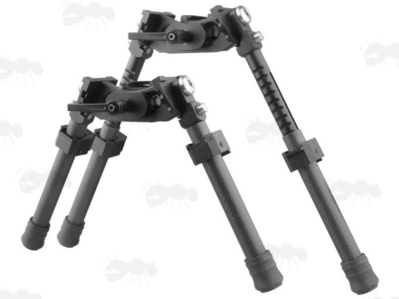 Canting Tactical Rifle Bipods for 1913 Style Picatinny Rails X-10 with Carbon Fiber Legs, Shown in Minimum and Maximum Height Settings