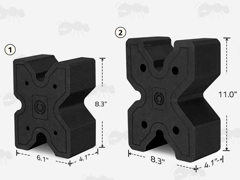 Dimensions of The Standard and The Large Size Black EVA Foam Gun Barrel X-Block Shooting Rests