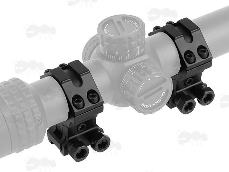 Double Clamped Dovetail Rail Two Piece Adjustable Height Scope Mounts with 30mm Rings, Shown Fitted to a Rifle Scope