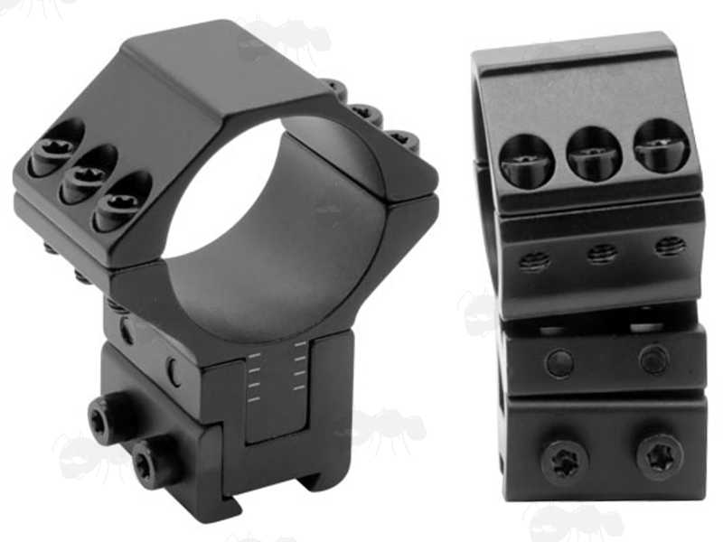 Double Clamped Dovetail Rail Two Piece Adjustable Height Scope Mounts with 30mm Rings, Model with Solid Top Ring Design and Hex Head Screw Clamp Fittings