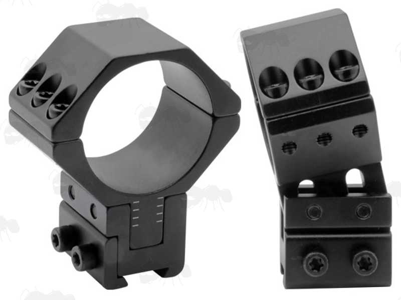 Double Clamped Dovetail Rail Two Piece Adjustable Height Scope Mounts with 34mm Rings, Model with Solid Top Ring Design and Hex Head Screw Clamp Fittings