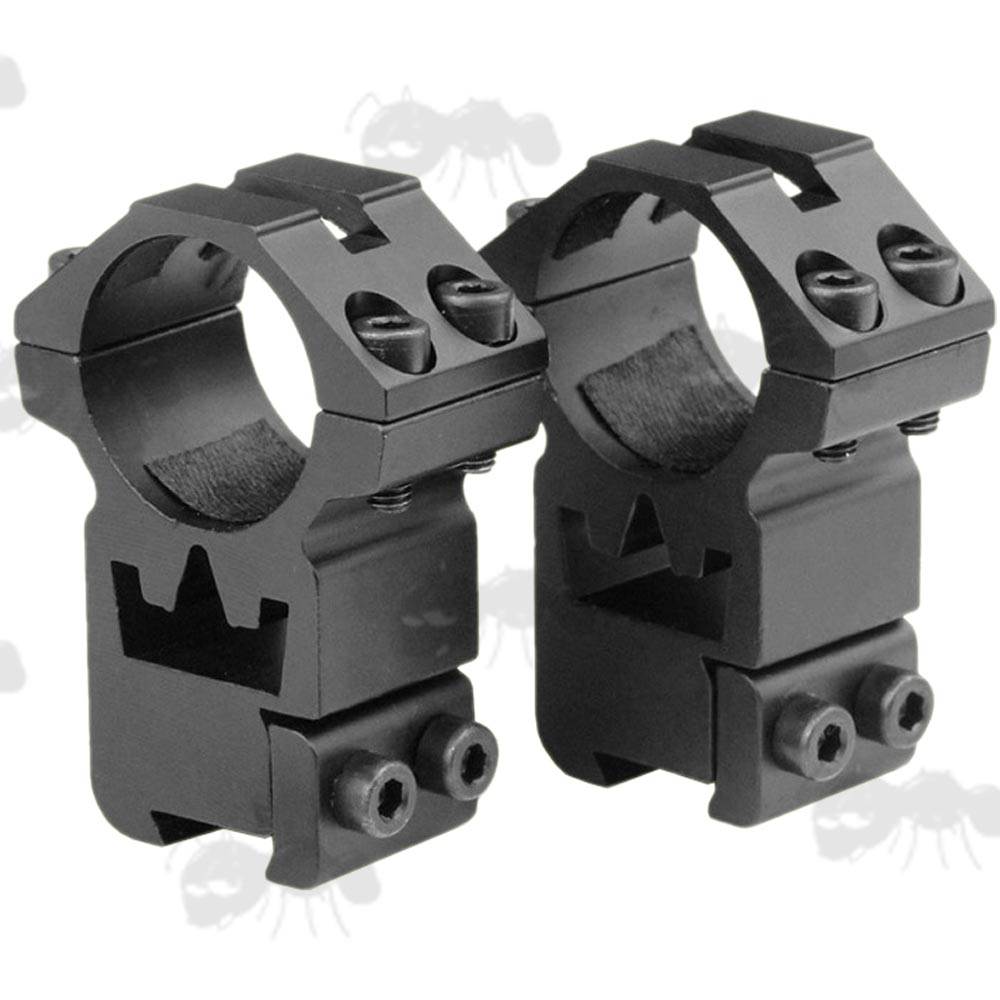 Pair of High-Profile Double Clamped 25mm Scope Rings for Dovetail Rails with Crown Design See-Thru Channel
