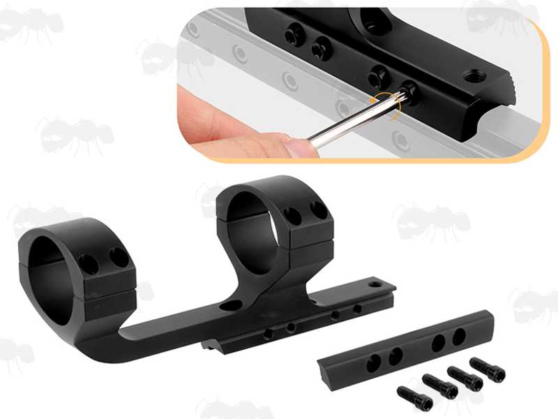 Extended Reach One Piece Dovetail Rail Scope Mount for 30mm Scope Tubes, with Three Scope Creep Stopper Grub Screw Pins, Shown with Clamping Plate removed and Being Installed