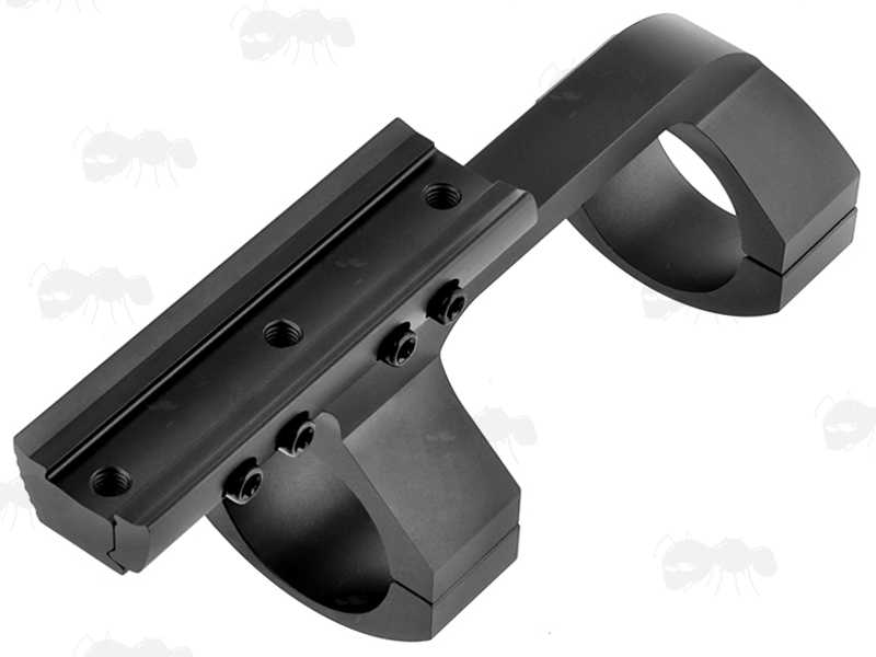 Base View of The Extended Reach One Piece Dovetail Rail Scope Mount for 30mm Scope Tubes, with Three Scope Creep Stopper Grub Screw Pins