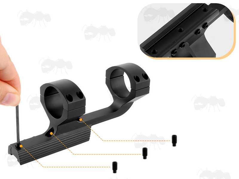 Extended Reach One Piece Dovetail Rail Scope Mount for 30mm Scope Tubes, with Three Scope Creep Stopper Grub Screw Pins, Shown with Recoil Pins Being Adjusted
