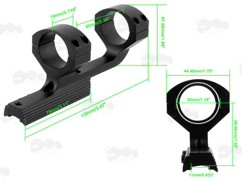 Dimensions of The Extended Reach One Piece Dovetail Rail Scope Mount for 30mm Scope Tubes, with Three Scope Creep Stopper Grub Screw Pins