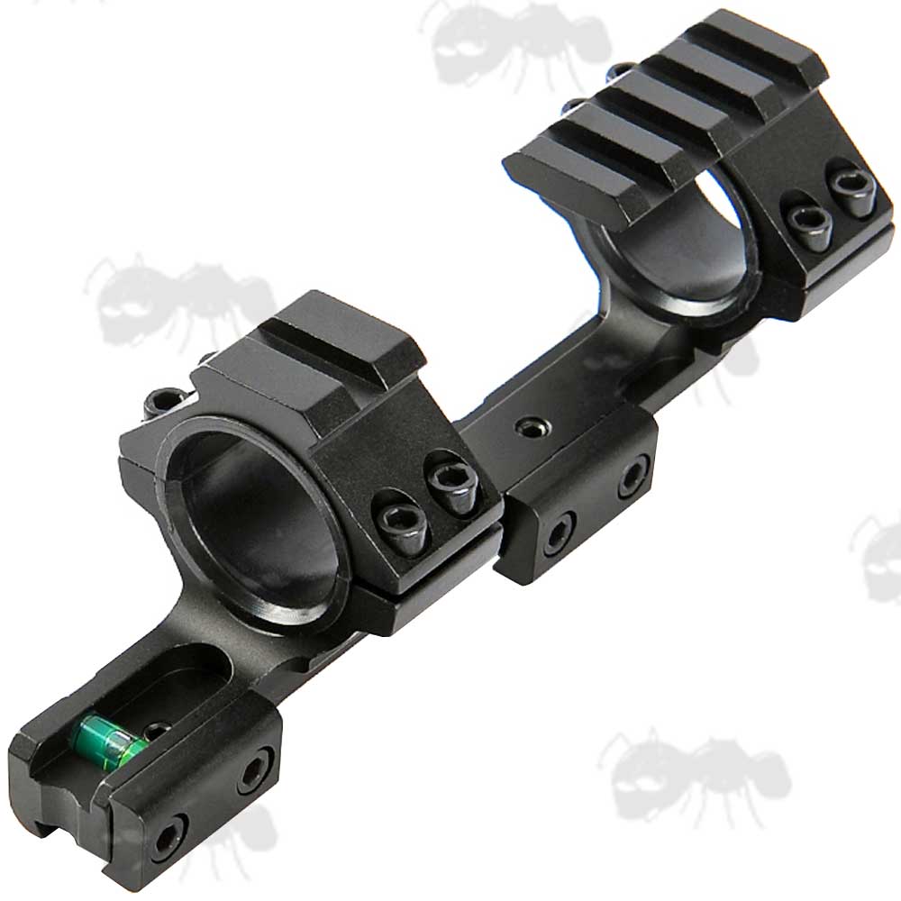 Double Clamped Dovetail Rail One Piece Cantilever Design Scope Mount with 30mm Rings with Extended Accessory Rail, 25mm Ring Adapter Inserts and Spirit Level
