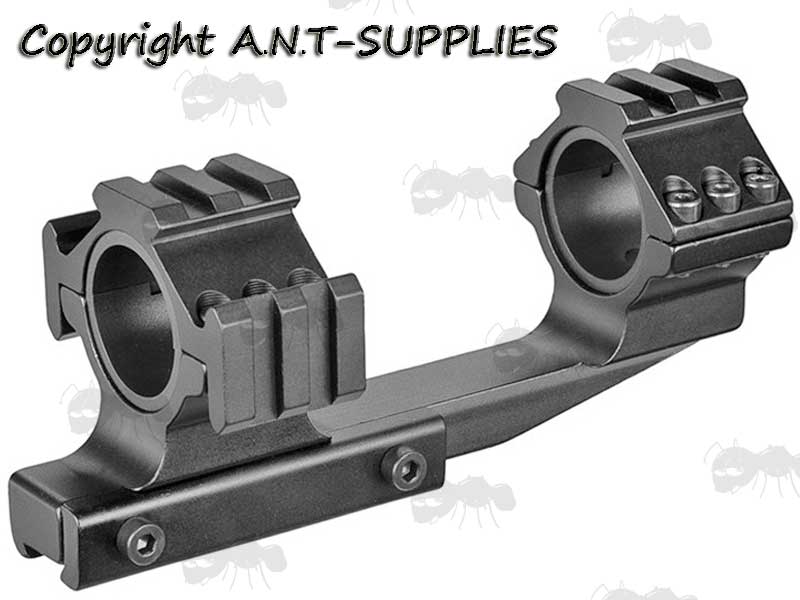 Dovetail Rail One Piece Extended Reach 30mm Ring Scope Mount with Accessory Weaver / Picatinny Top and Tri Rails