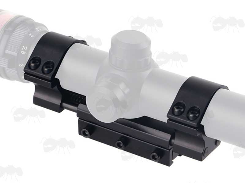 Rifle Scope Shown Fitted to The One Piece Scope Mount with Recoil-Damper Spring System for 11mm Wide Dovetail Rails