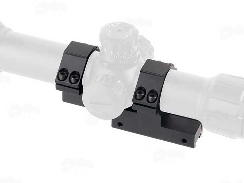 Dovetail Rail 1 Piece Forward Reach 30mm Rings Scope Mount, Shown Fitted to a Rifle Scope