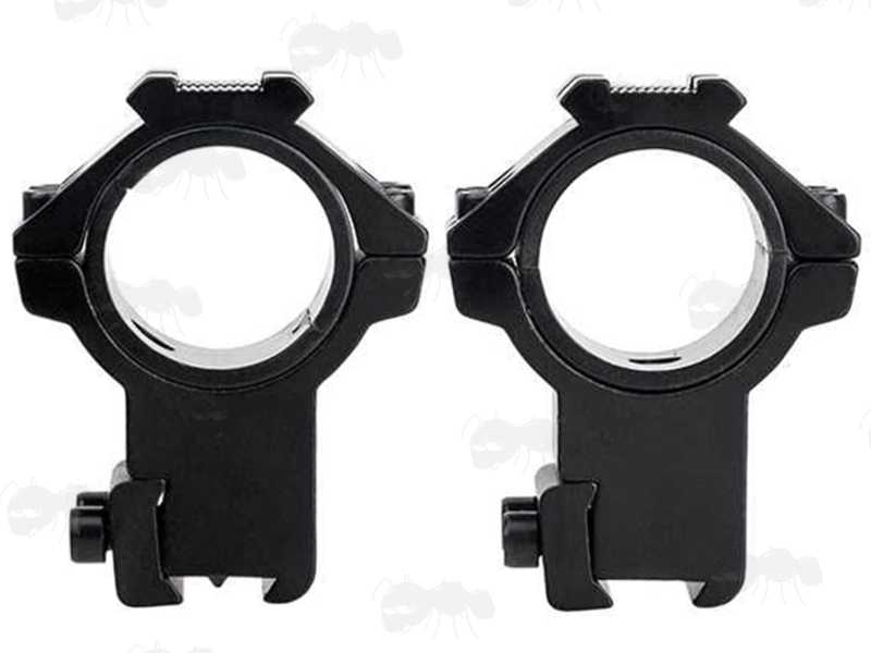 Front View of The Rambo Extra High-Profile Double Clamped 30mm Scope Ring for Dovetail Rails with Rail Head