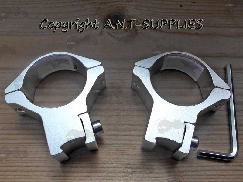 Pair of Solid Design High Profile Silver 30mm Scope Rings for Dovetail Rails