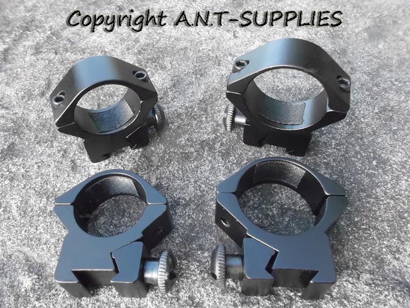 Pair Of Standard Low-Profile 30mm and 25mm Medium-Profile Scope Ring Mounts with Thumbscrews