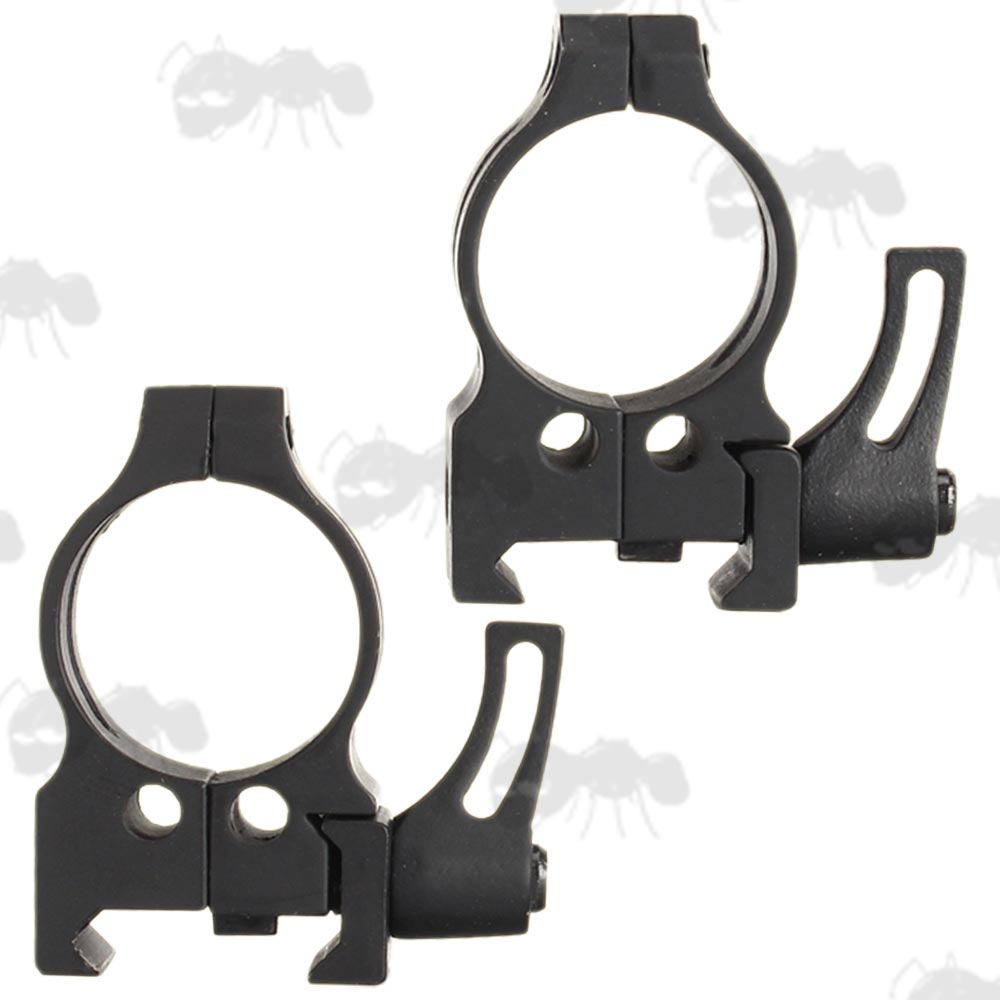 Pair of Black Medium-Profile Vertical Split 25mm Scope Tube Ring Mounts for Weaver / Picatinny Rails with Lever Locking Clamps