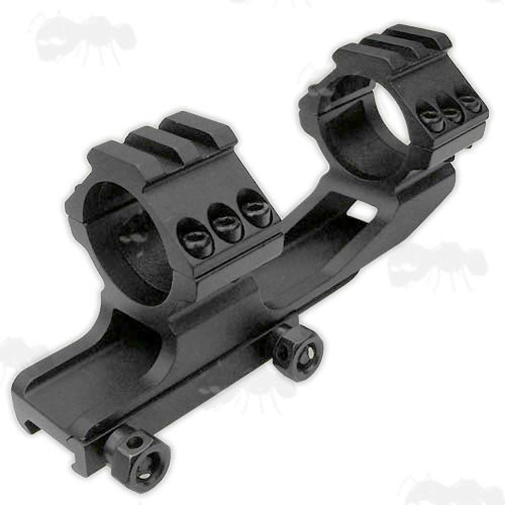 Forward Reach Offset Weaver Rail One Piece Scope Mount with 30mm Rings and a Top Accessory Rail