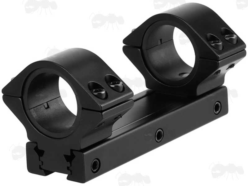 One Piece, Low-Profile 30mm Diameter Scope Mount for Weaver / Picatinny and Dovetail Rails with 25mm Ring Adapters