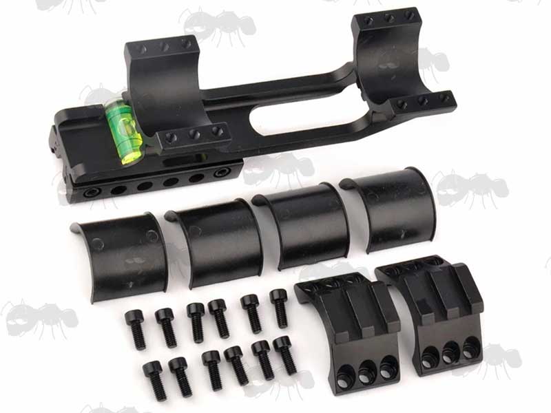 Dismantled View Of The One Piece, Extended Design 30mm Diameter Scope Mount for Weaver Picatinny and Dovetail Rails with Anti-Tilt Spirit Level and Single Accessory Rail Top