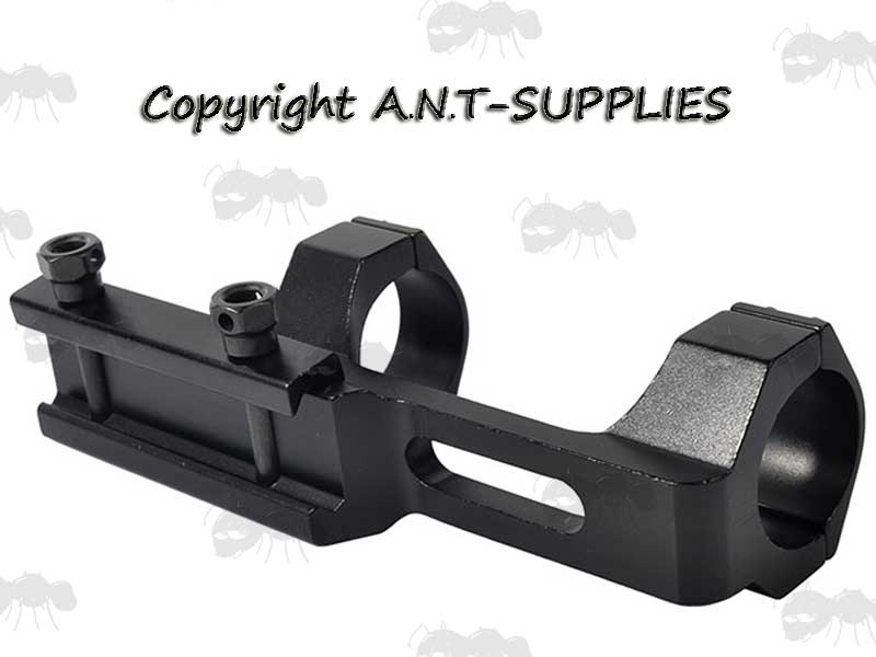 Base View Of The Extra Long Length AR-15 OP Offset Picatinny Flat Top Scope Mount With 30mm Rings and Cut Out Section