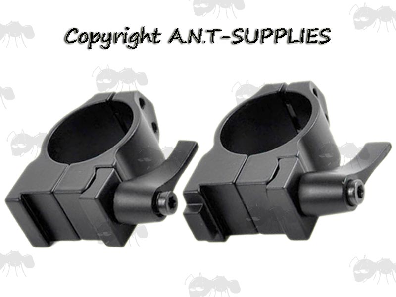 Pair of Black Low-Profile Vertical Split 25mm Scope Tube Ring Mounts for 17mm Wide Dovetail Rails with Lever Locking Clamps