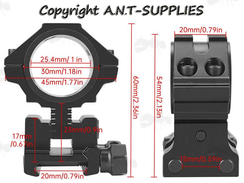 Dimensions of the Double Clamped AnTac Adjustable Height Weaver / Picatinny Scope Mounts
