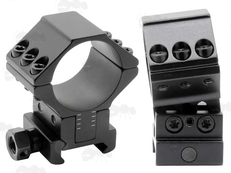 Pair of Double Clamped AnTac Adjustable Height Weaver / Picatinny Scope Mounts for 30mm Diameter Tubes, Model with Solid Top Ring Design and Single Hex Nut Clamp Fitting