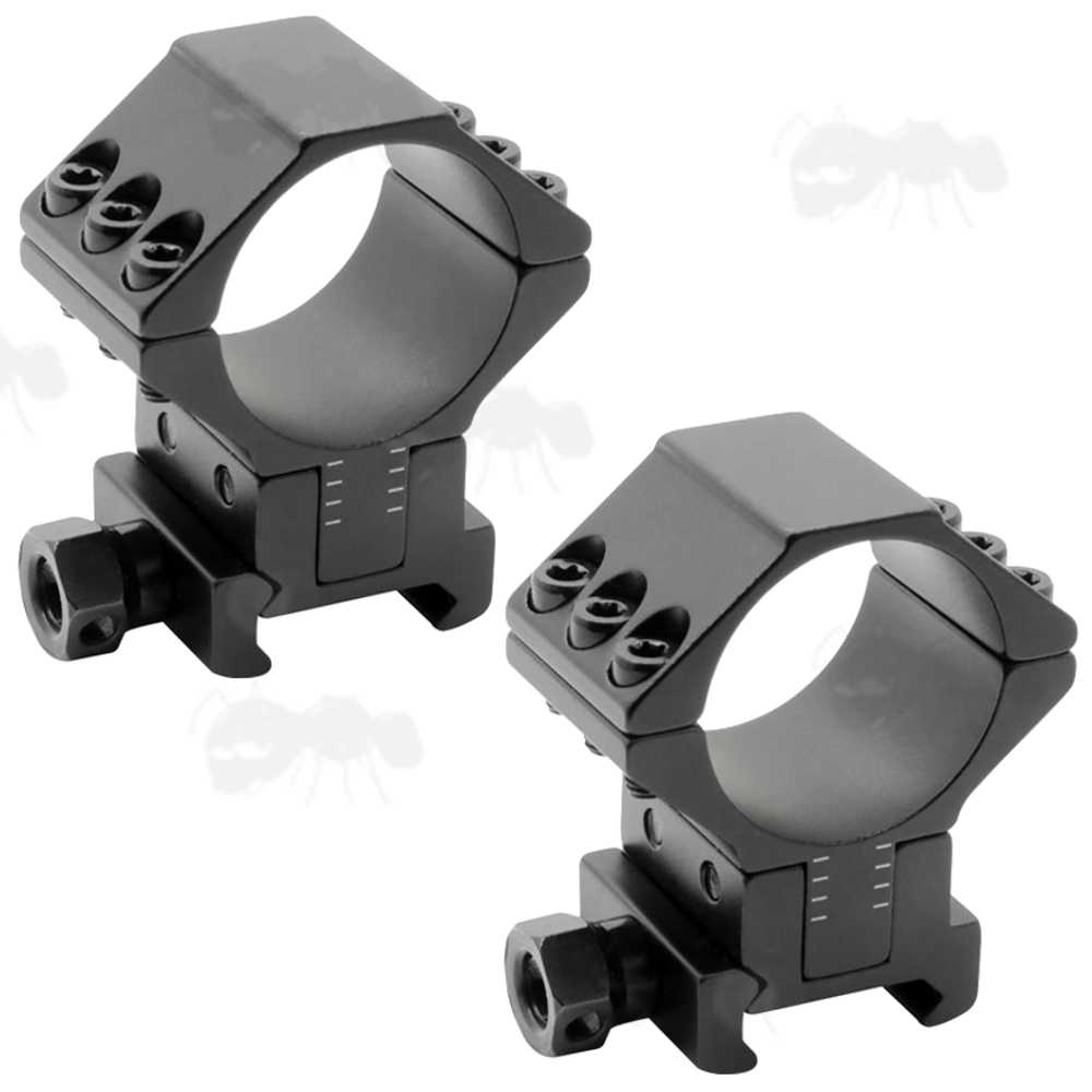 Pair of Double Clamped AnTac Adjustable Height Weaver / Picatinny Scope Mounts for 34mm Diameter Tubes, Model with Solid Top Ring Design and Single Hex Nut Clamp Fitting