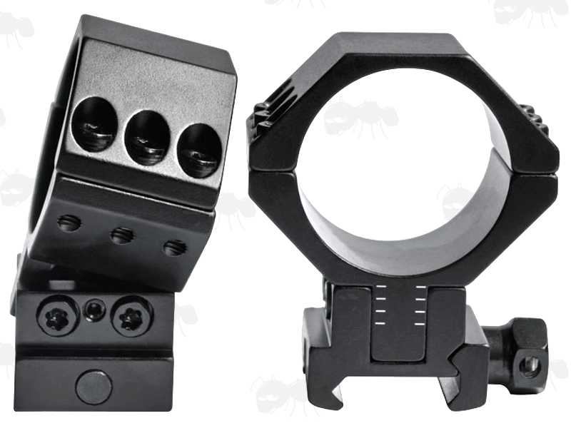 Pair of Double Clamped AnTac Adjustable Height Weaver / Picatinny Scope Mounts for 34mm Diameter Tubes, Model with Solid Top Ring Design and Single Hex Nut Clamp Fitting
