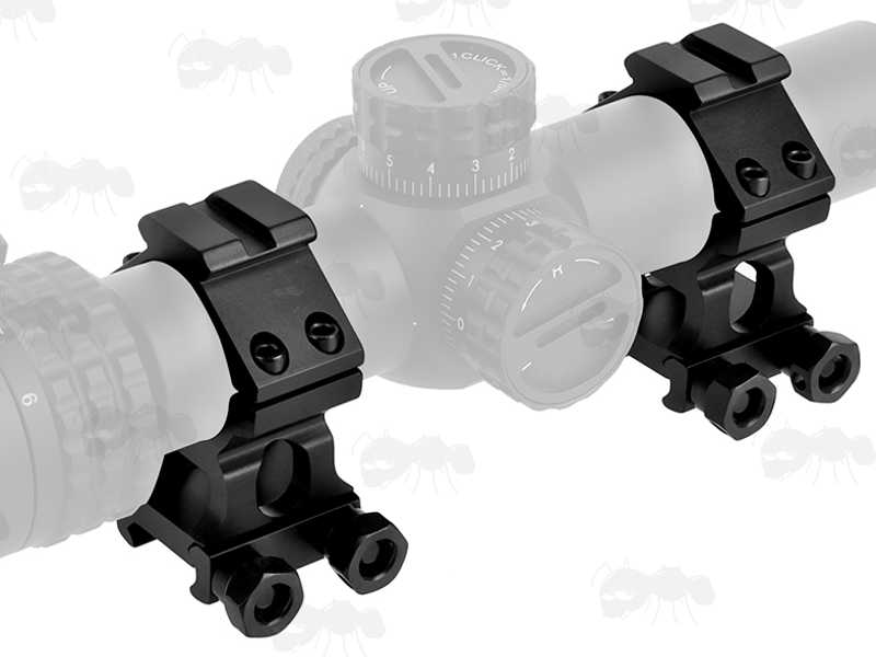 Two Piece Colossus Weaver / Picatinny Rail Rifle Scope Rings with 30mm Diameter Scope Rings, Accessory Rail Tops, Shown Fitted to a Scope