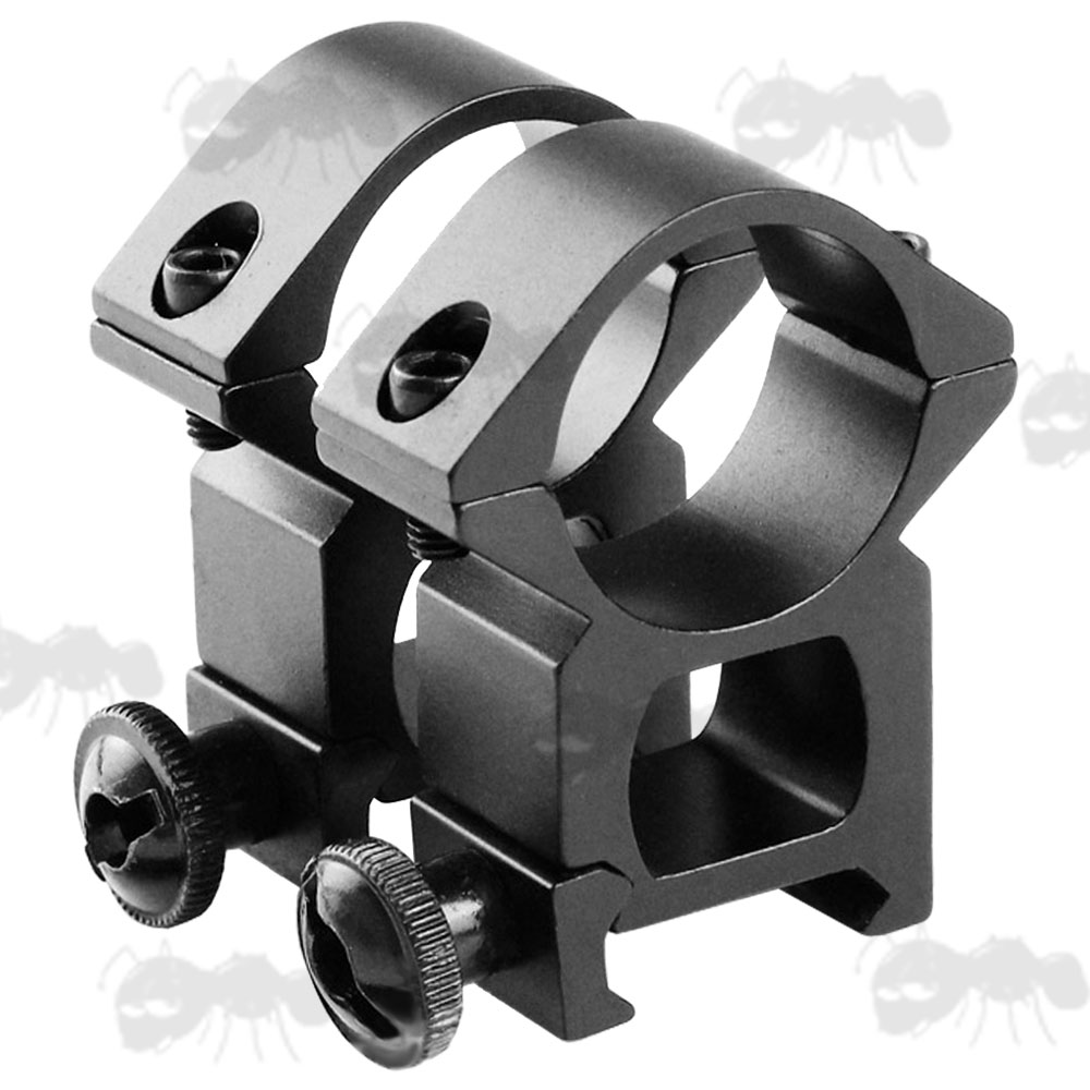Pair of High Profile Weaver / Picatinny Rail Mount Rings for 25mm Scope Tubes With Thumbscrew Clamping Bolts