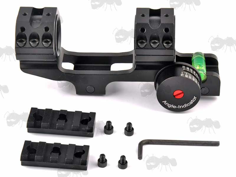 One Piece 30mm Scope Mount with Angle Indicator and Bubble Level for Weaver / Picatinny Rails With Two Movable Top Accessory Rail