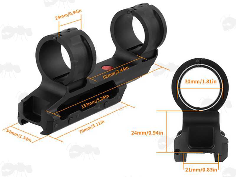 Dimensions of The Picatinny Rail Fitting One Piece Design Low-Power Variable Optic Scope Mount with Hinged 30mm Diameter Rings and Levelling Set Screw in the Base