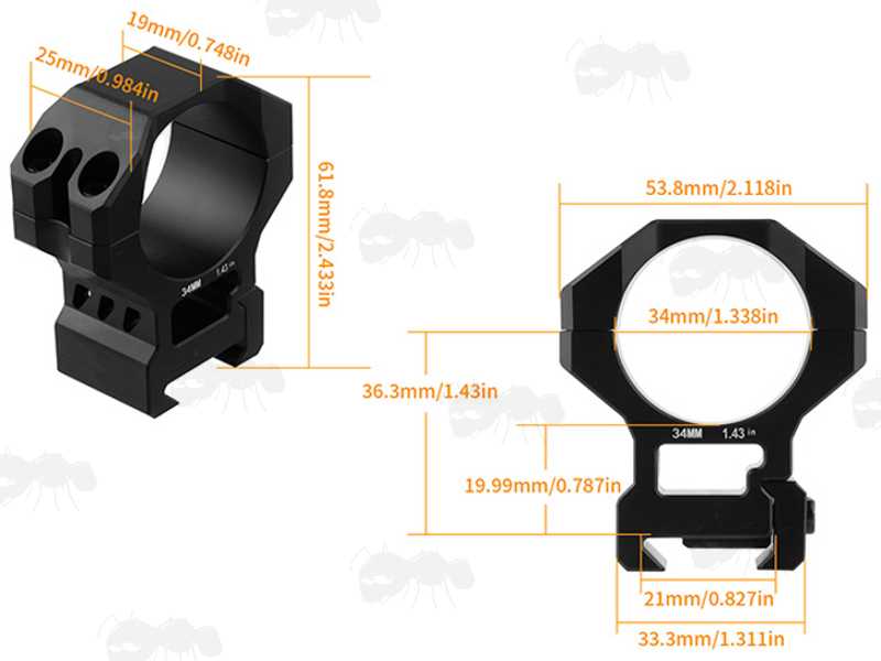 0MOA High-Profile Double Clamped 34mm Scope Ring One Piece Mount for Picatinny Rails