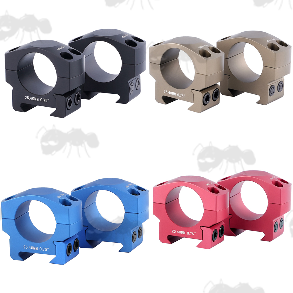 Black, Blue, Red and FDE Coloured Precision Picatinny 25mm Low Scope Ring Mounts