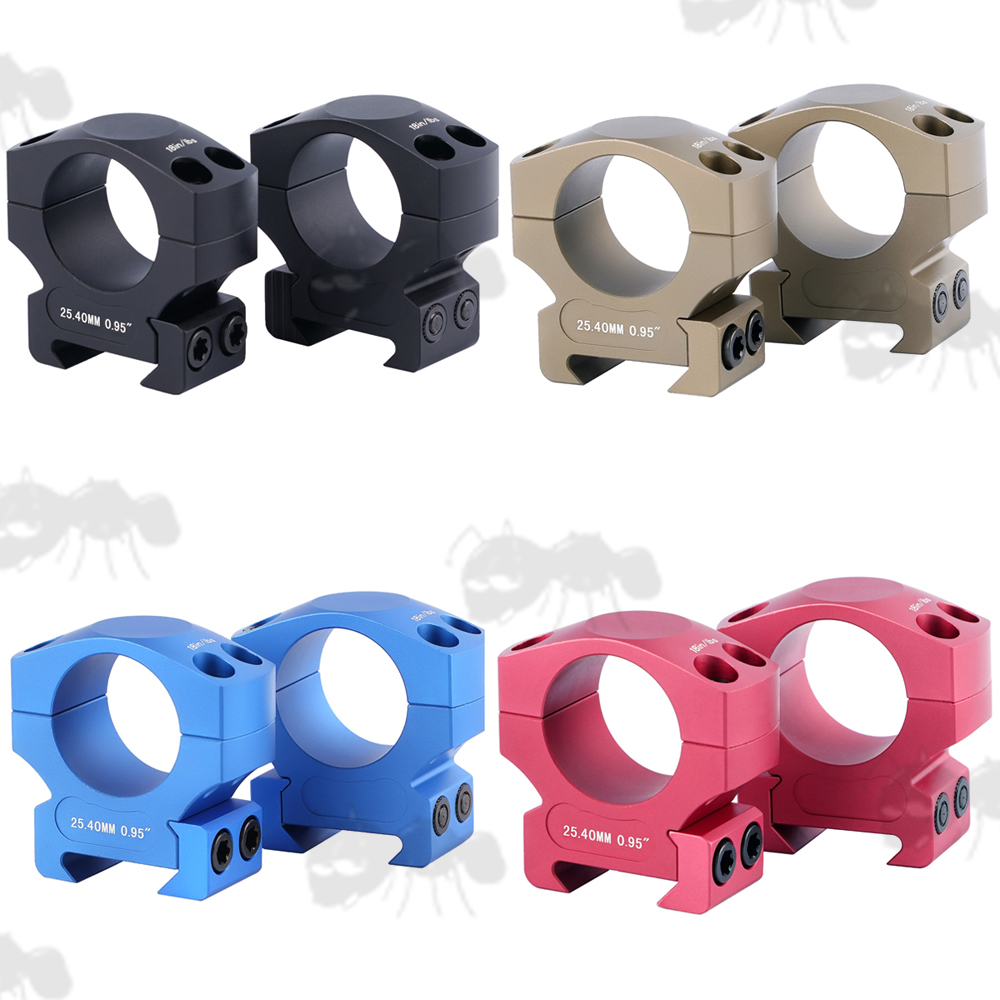 Black, Blue, Red and FDE Coloured Precision Picatinny 25mm Medium Scope Ring Mounts