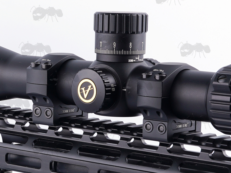 Black Coloured Precision Picatinny 25mm Low Scope Ring Mounts on Scope and Rail