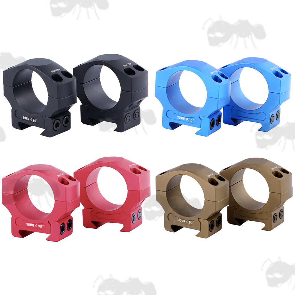Black, Blue, Red and FDE Coloured Precision Picatinny 30mm Low Scope Ring Mounts