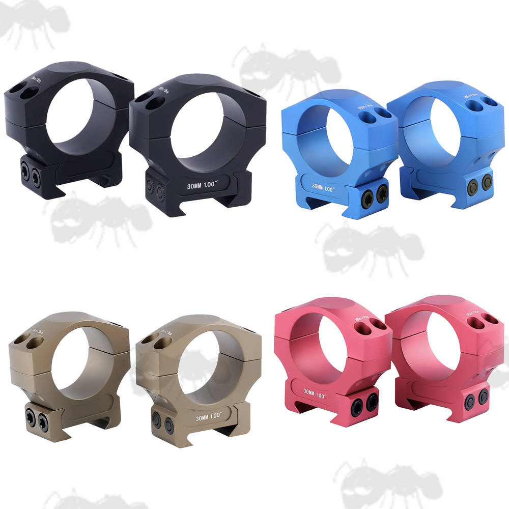 Black, Blue, Red and FDE Coloured Precision Picatinny 30mm Medium Scope Ring Mounts