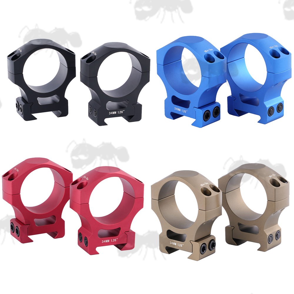 Black, Blue, Red and FDE Coloured Precision Picatinny 34mm High Scope Ring Mounts