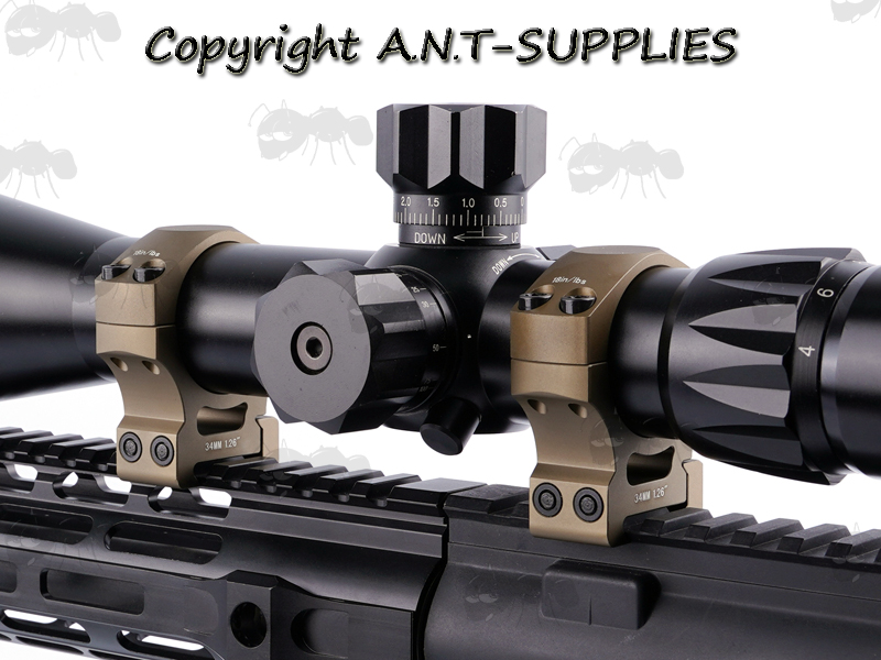 FDE Coloured Precision Picatinny 34mm Low Scope Ring Mounts on Scope and Rail